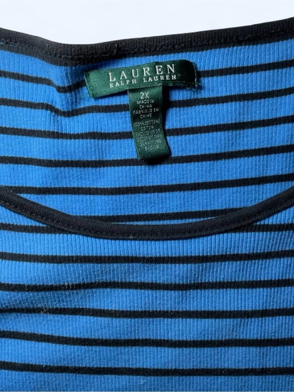 Ralph Lauren Blue and Black Striped Long-Sleeve Top with Faux Leather Shoulders - Picture 3 of 5